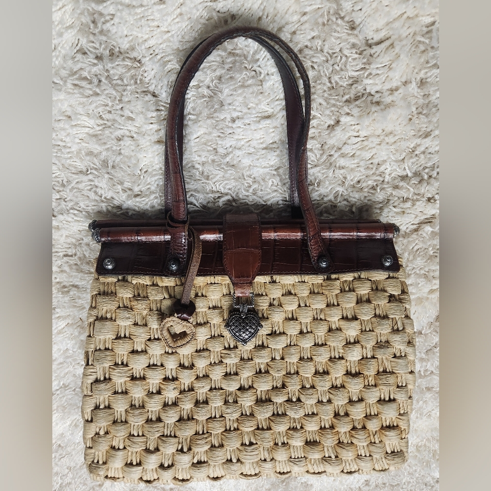 Authenticated Brighton Purse Straw Crocodile Leather Paisley Lining Silver Heart